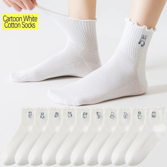 6 Pairs White Cotton Womens Mid Crew Cartoon Ruffle Socks