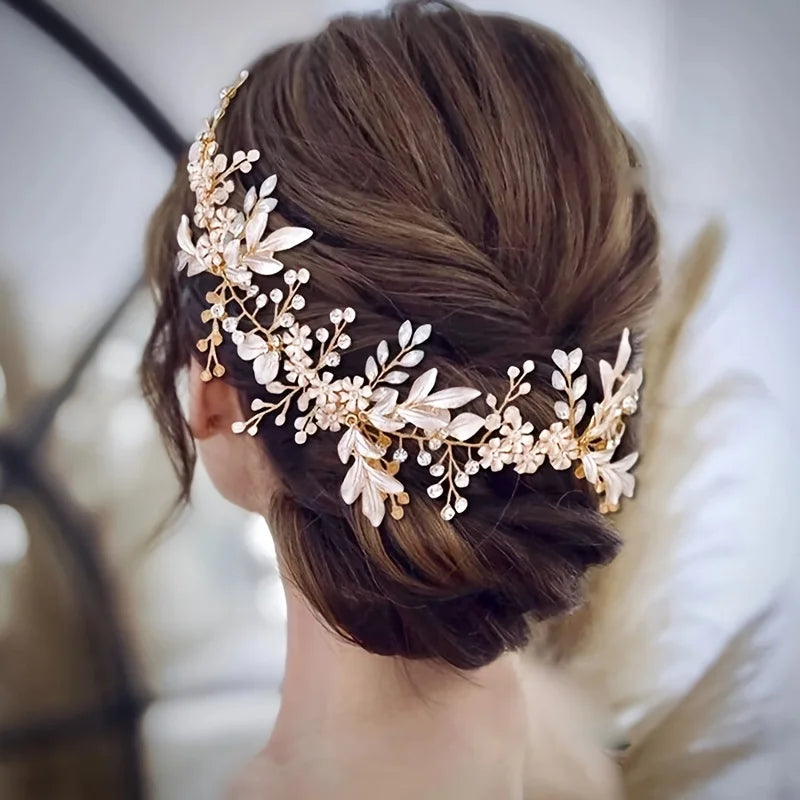 Elegant Pearl & Crystal Bridal Headband - Stunning Rhinestone Leaf Tiara for Women Gold 2