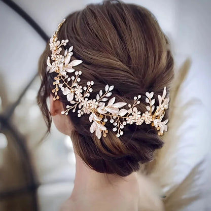 Elegant Pearl & Crystal Bridal Headband - Stunning Rhinestone Leaf Tiara for Women Gold 2