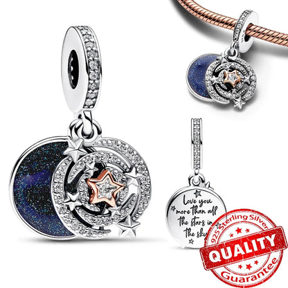 925 Sterling Silver Charms Set Moon Stars Sun Flower Heart Zircon Beads for DIY Jewelry and Gifts