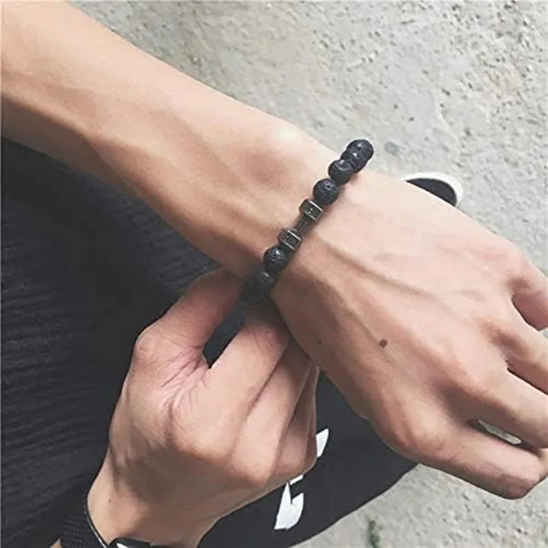 Unisex Volcanic Lava Stone Dumbbell Bracelet for Fitness and Fashion