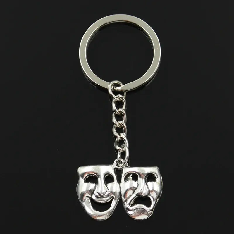Fashion Metal Keychain with Comedy Tragedy Masks Pendant 30mm silver