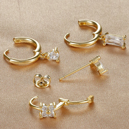 4PCS Luxury Flower Square Earrings Set for Women and Girls in Stainless Steel with Zircon Cartilage Piercing Hoop Design