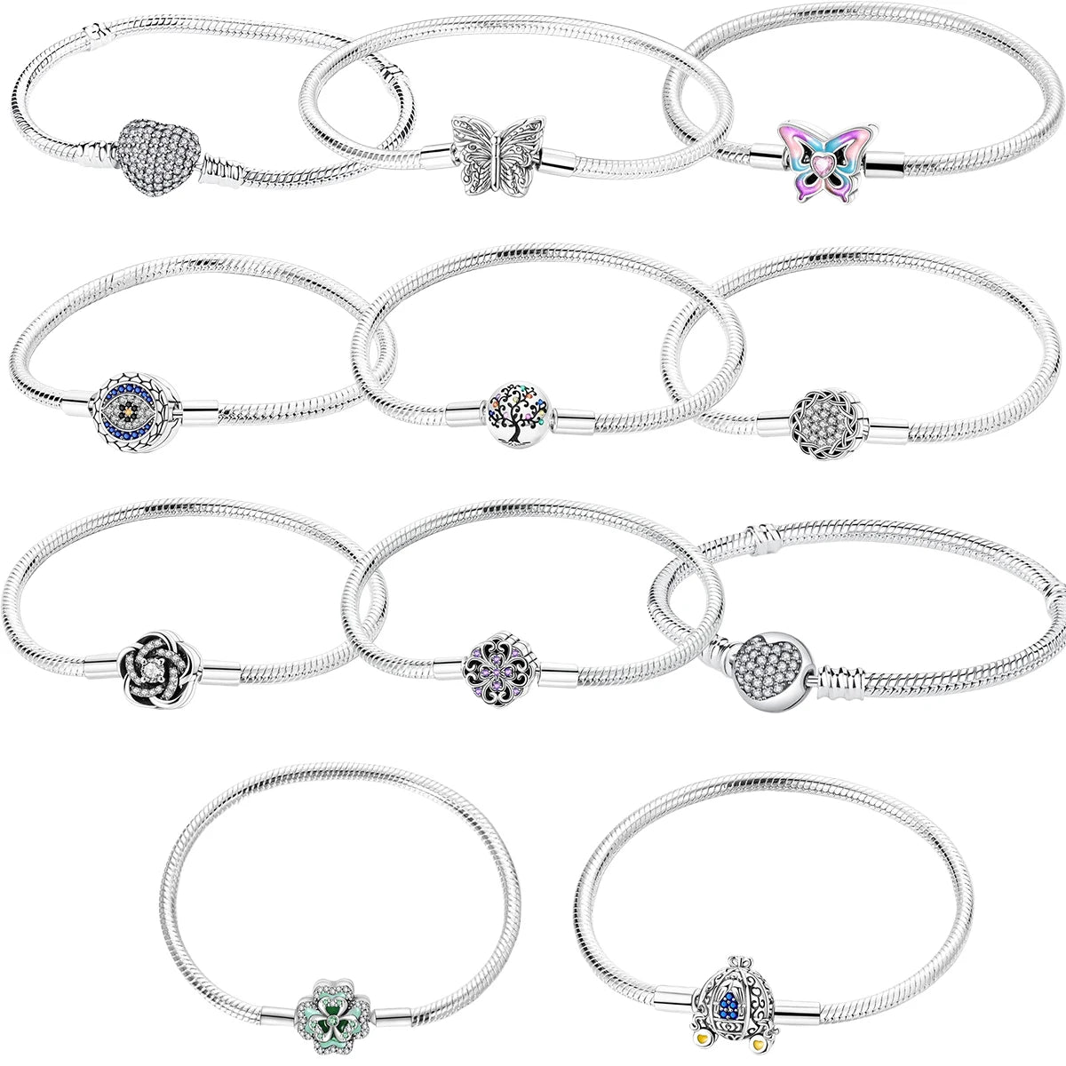 925 Sterling Silver Snake Chain Bracelet for Women with Butterfly Heart Clasp Luxury Zircon Bangle Gift Jewelry