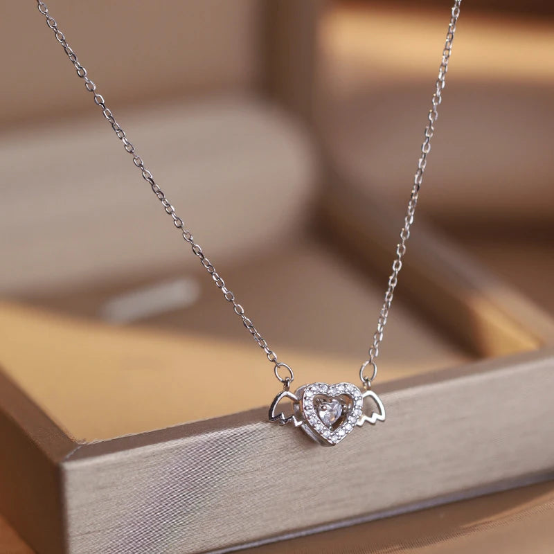 Elegant Angel Wings Heart Necklace for Women - Silver Plated Clavicle Pendant by JWER