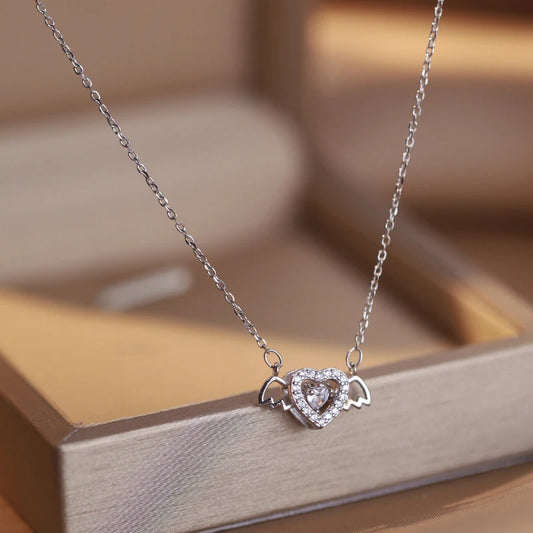 Elegant Angel Wings Heart Necklace for Women - Silver Plated Clavicle Pendant by JWER