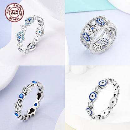 Blue Zircon Evil Eye Palm Star Moon Ring in 925 Sterling Silver for Women Wedding Jewelry Gifts LKTR171