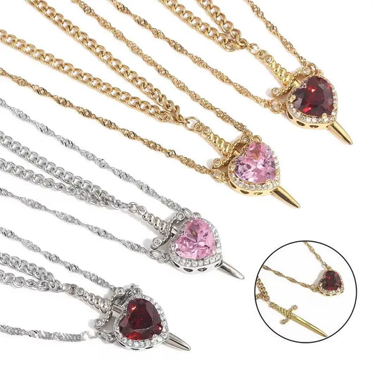 Assembled Heart and Sword Zircon Pendant Necklace Set for Couples Silver Gold Plated Choker Jewelry Gifts