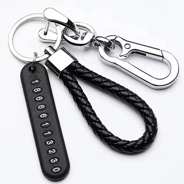 Trendy Keychain Pendant DIY Mobile Phone Number Plate with Woven Leather Rope Anti Lost Car Key Accessory for Men Style 3
