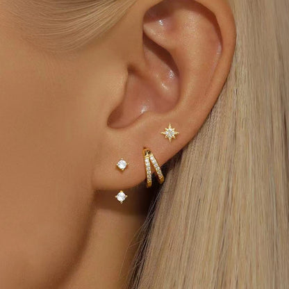 3PCS 18K Gold Plated Stainless Steel Zircon Flower Hoop Earrings Set for Women Trendy Wedding Jewelry