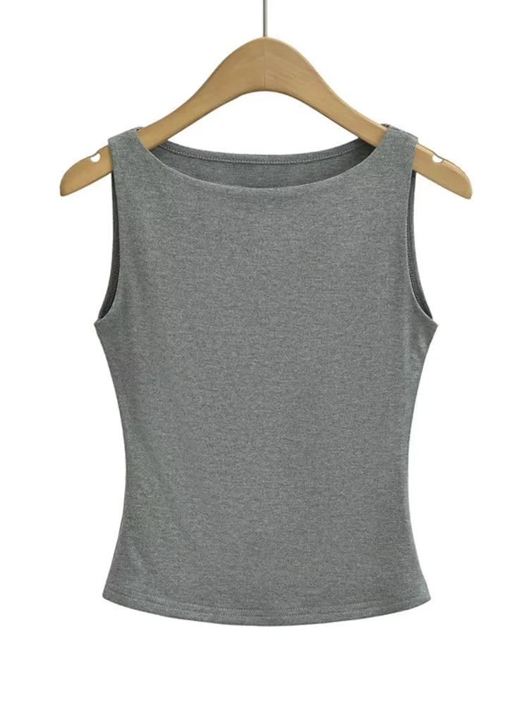 Women Double Layer Boat Neck Soft Slinky Knit Tank Top