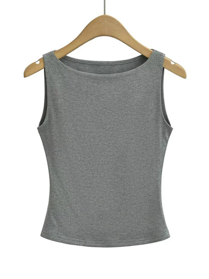 Women Double Layer Boat Neck Soft Slinky Knit Tank Top