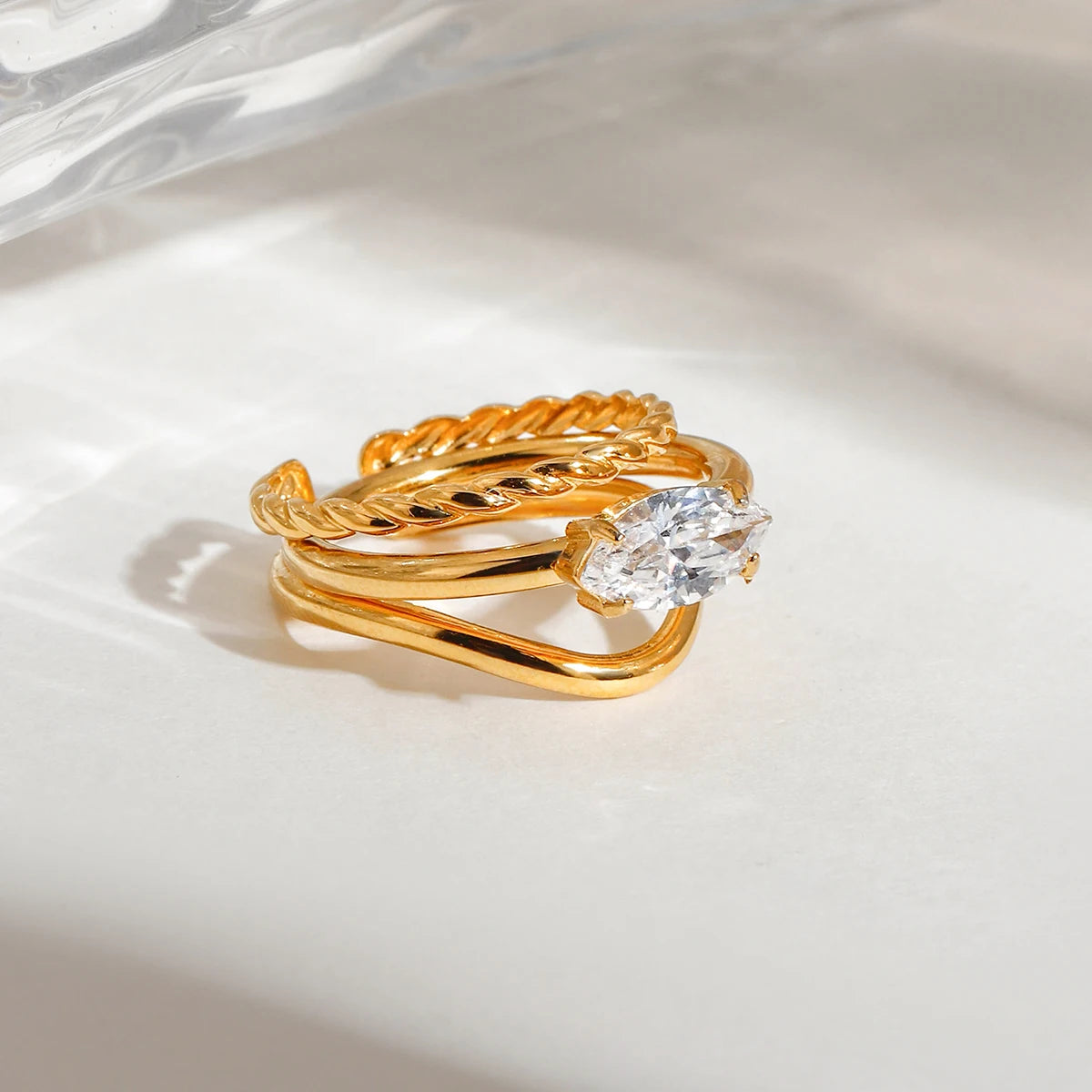 Youthway Elegant 18k Gold Plated Geometric Zirconia Ring Sets For Women Stainless Steel Fashion Jewelry