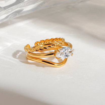 Youthway Elegant 18k Gold Plated Geometric Zirconia Ring Sets For Women Stainless Steel Fashion Jewelry