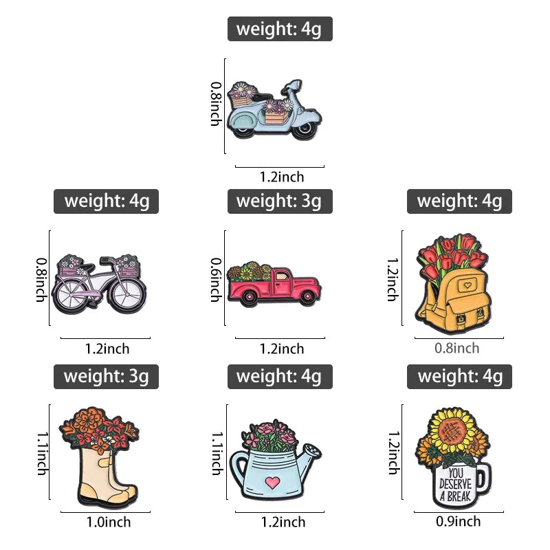 Whimsical Break Enamel Pin Set with Floral Bicycle and Watering Can Designs for Backpacks and Parties