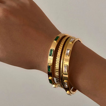 Elegant Green White Zircon Round Cuff Bangle Bracelets for Women