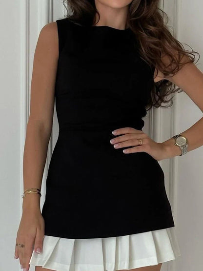 Office Patchwork Pleated Mini Dress For Women Sleeveless