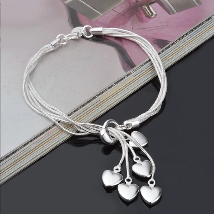 Timeless Elegance: 925 Sterling Silver Heart Tassel Bracelet for Women