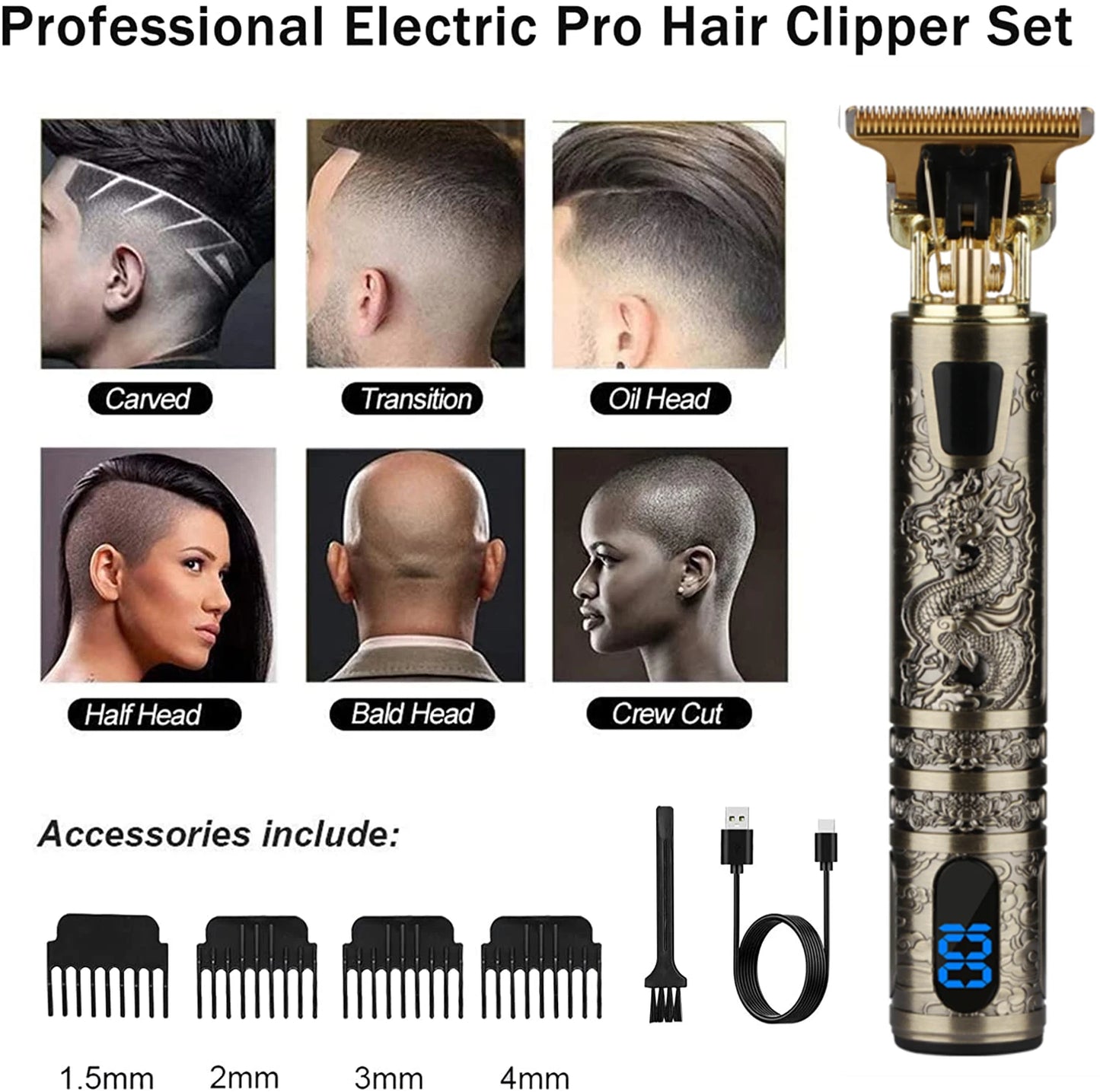 V-Vimika T9 Electric Hair Clipper with LCD Display Stainless Steel Precision Trimmer for Men Fast Charging Wet and Dry Use