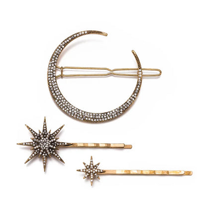 Geometric Stars & Moon Rhinestone Hair Clip Set - Top-Rated Bridal Hairpins for Women Antique Gold set