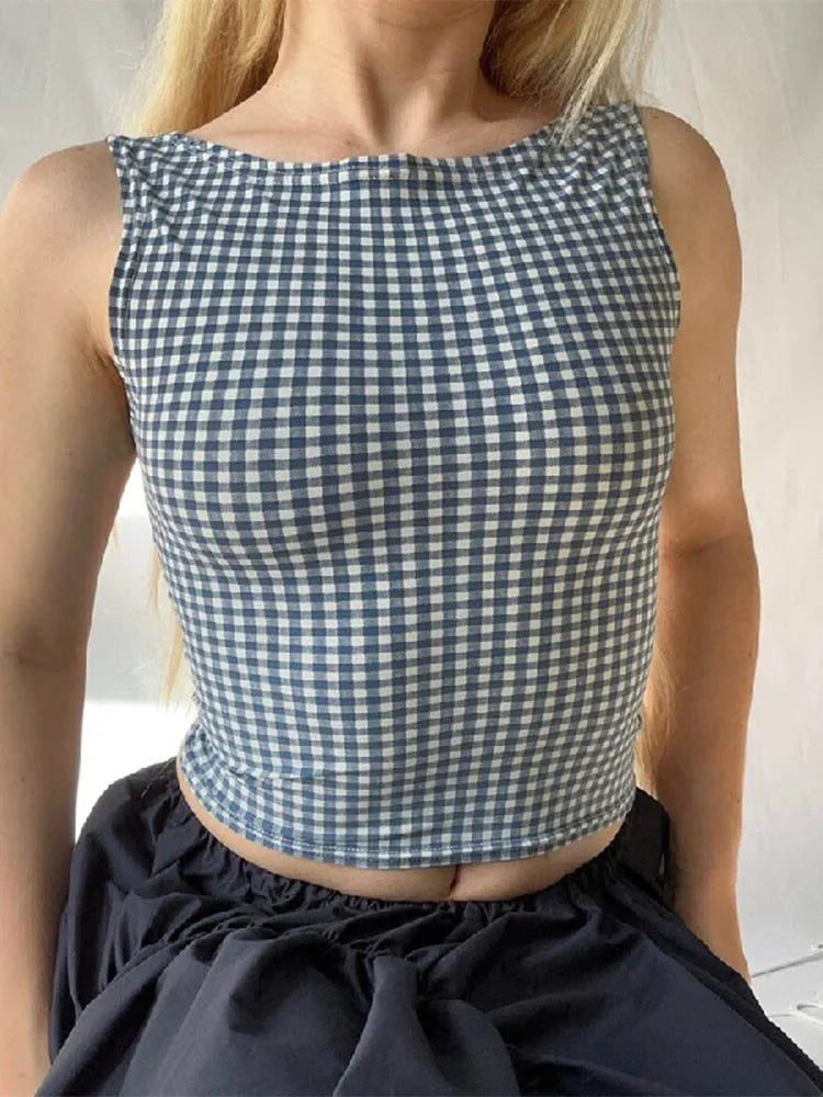 Korean Backless Plaid Croptop Bow Tie Sleeveless Streetwear