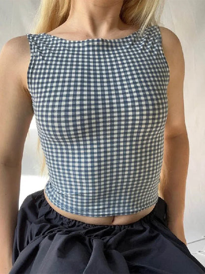 Korean Backless Plaid Croptop Bow Tie Sleeveless Streetwear