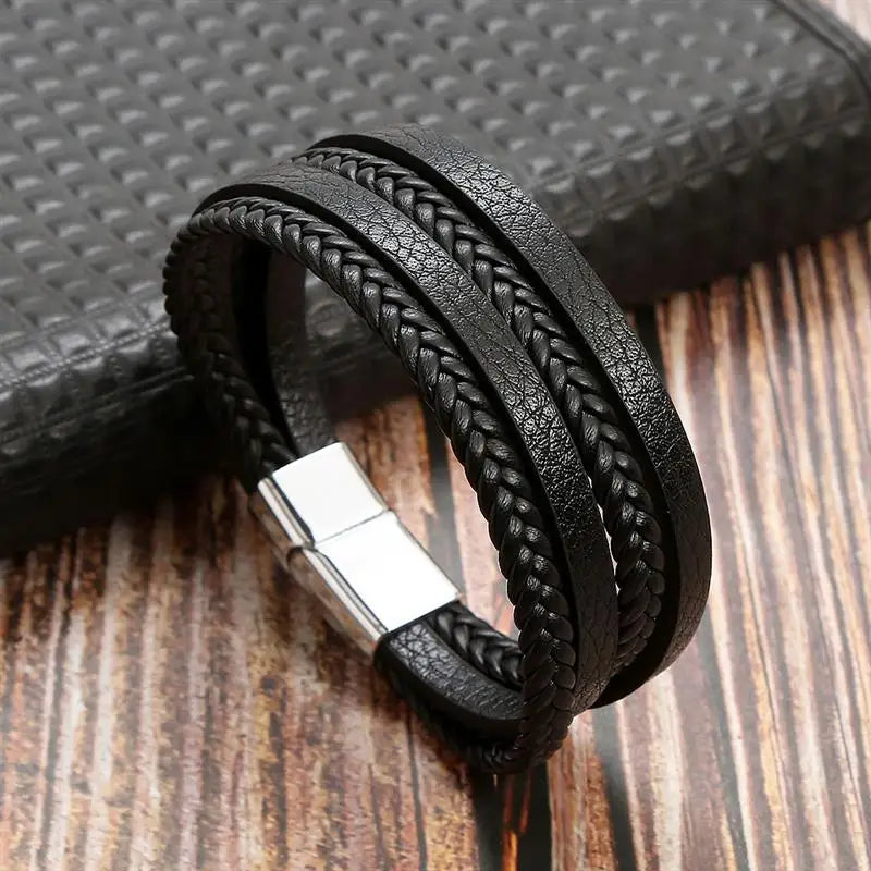 Men's Leather Bracelet with Stainless Steel Tree of Life Charm - Stylish Multi-Layer Fashion Accessory