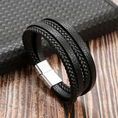 Men's Leather Bracelet with Stainless Steel Tree of Life Charm - Stylish Multi-Layer Fashion Accessory