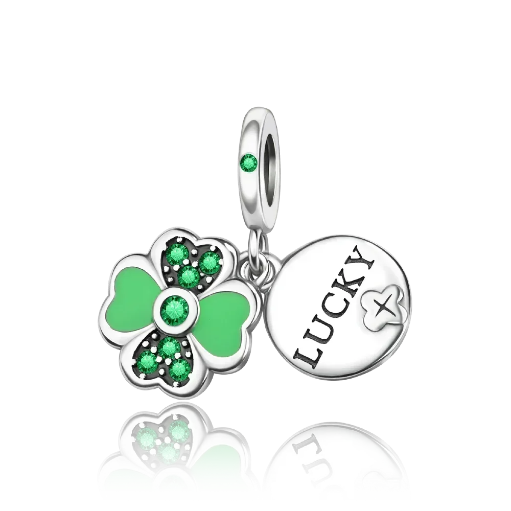 Green Series Sterling Silver Lucky Four Leaf Clover Charms with Zircon Beach Beads for Bracelets and Necklaces
