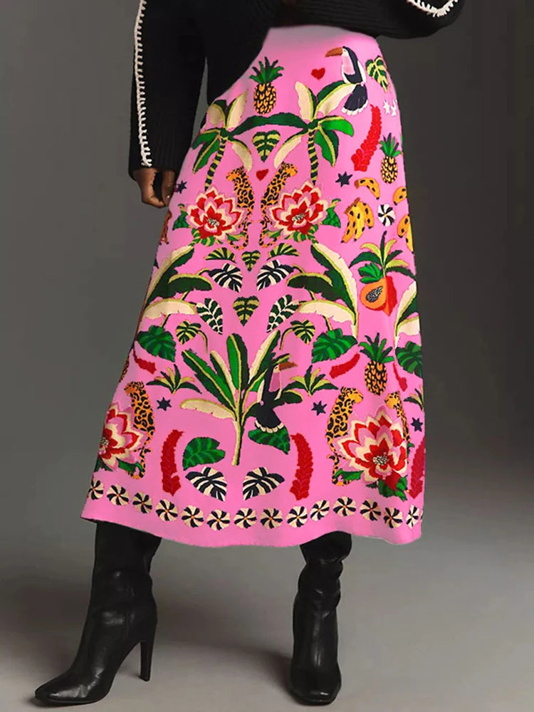 Casual Tropical Plant Print Retro Mid Calf Skirt For Women