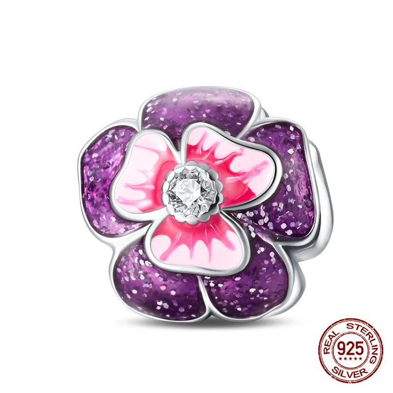 Elegant Sterling Silver Purple Flower Beads for DIY Jewelry and Charm Bracelets