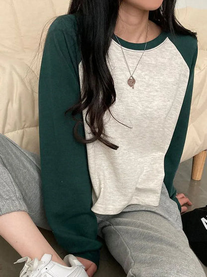 Korean Style Women Cotton Patchwork Long Sleeve Top