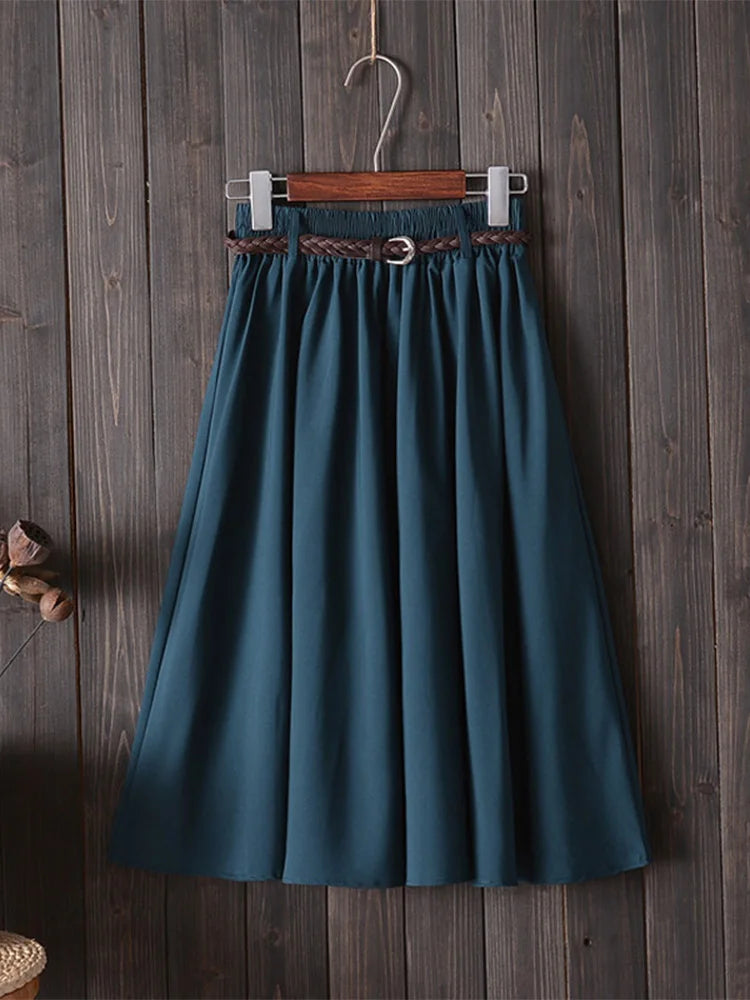 Midi Knee Length Skirt Women With Belt High Waist Pleated