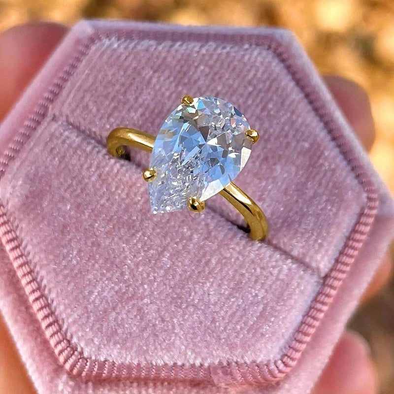 925 Sterling Silver Simple Sparkling Pear Shape Zircon Ring for Women Engagement and Wedding Fine Jewelry