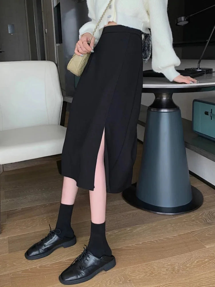 Black Mid Calf A Line High Waist Korean Skirt Women