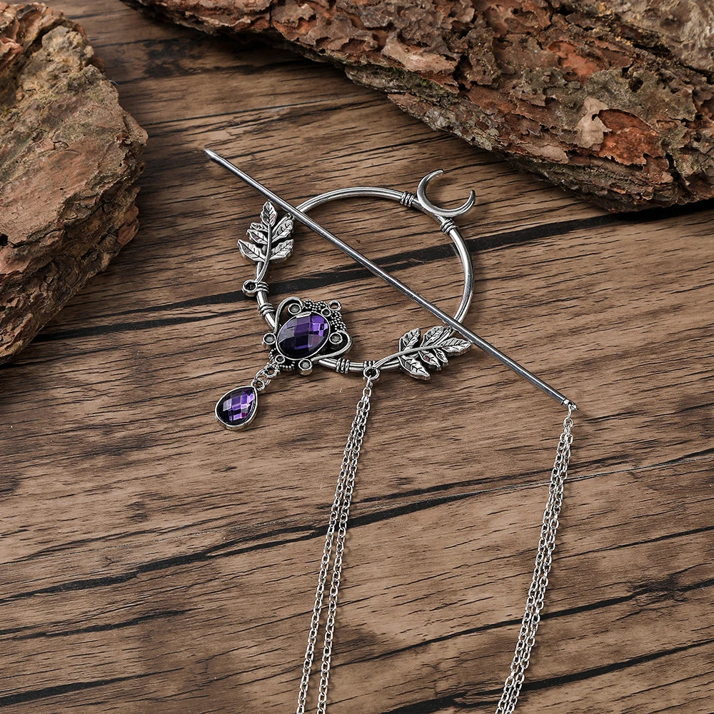 Retro Viking Crescent Leaf Gemstone Glass Hairpin Unique Scandinavian Hair Accessory Perfect Gift for Her