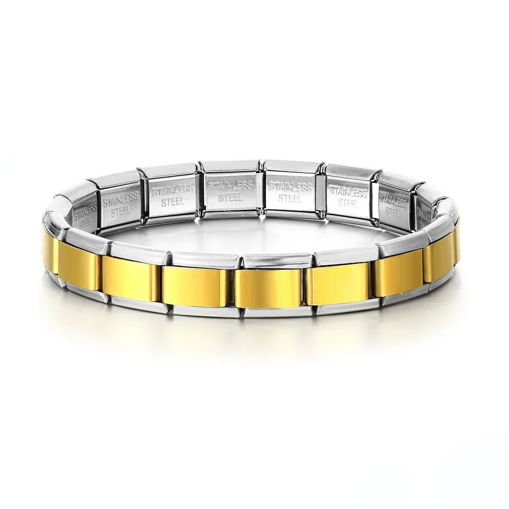 Elegant Gold-Tone Unisex Charm Bracelet Italian Link Stainless Steel 9mm