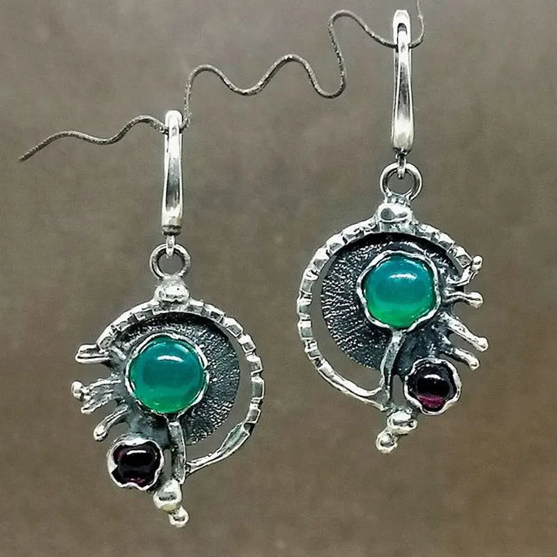 Asymmetric Bronze Red Blue Stone Drop Earrings for Women - Ethnic Statement Jewelry Gift