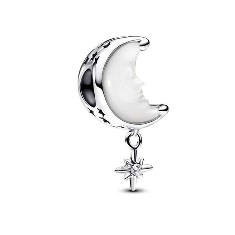 Sterling Silver Pave Star Crescent Moon Bead Bracelet