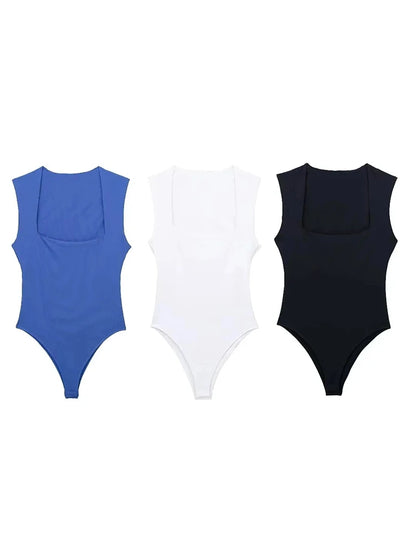 Black Sleeveless Bodysuit For Women Square Neck One Piece