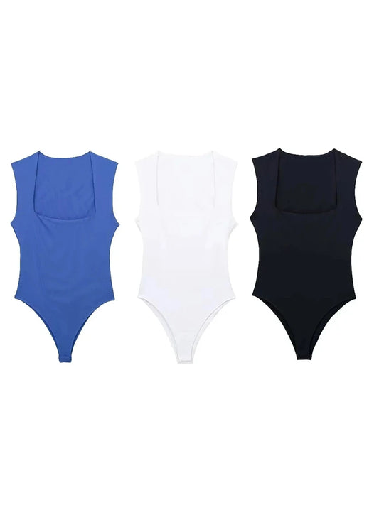 Black Sleeveless Bodysuit For Women Square Neck One Piece