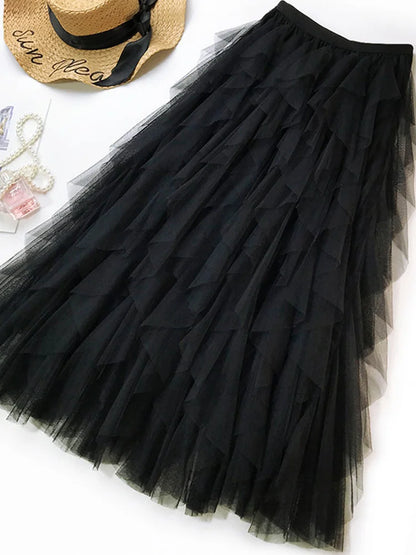 Korean Style Tutu Tulle Long Maxi Skirt For Women High Waist