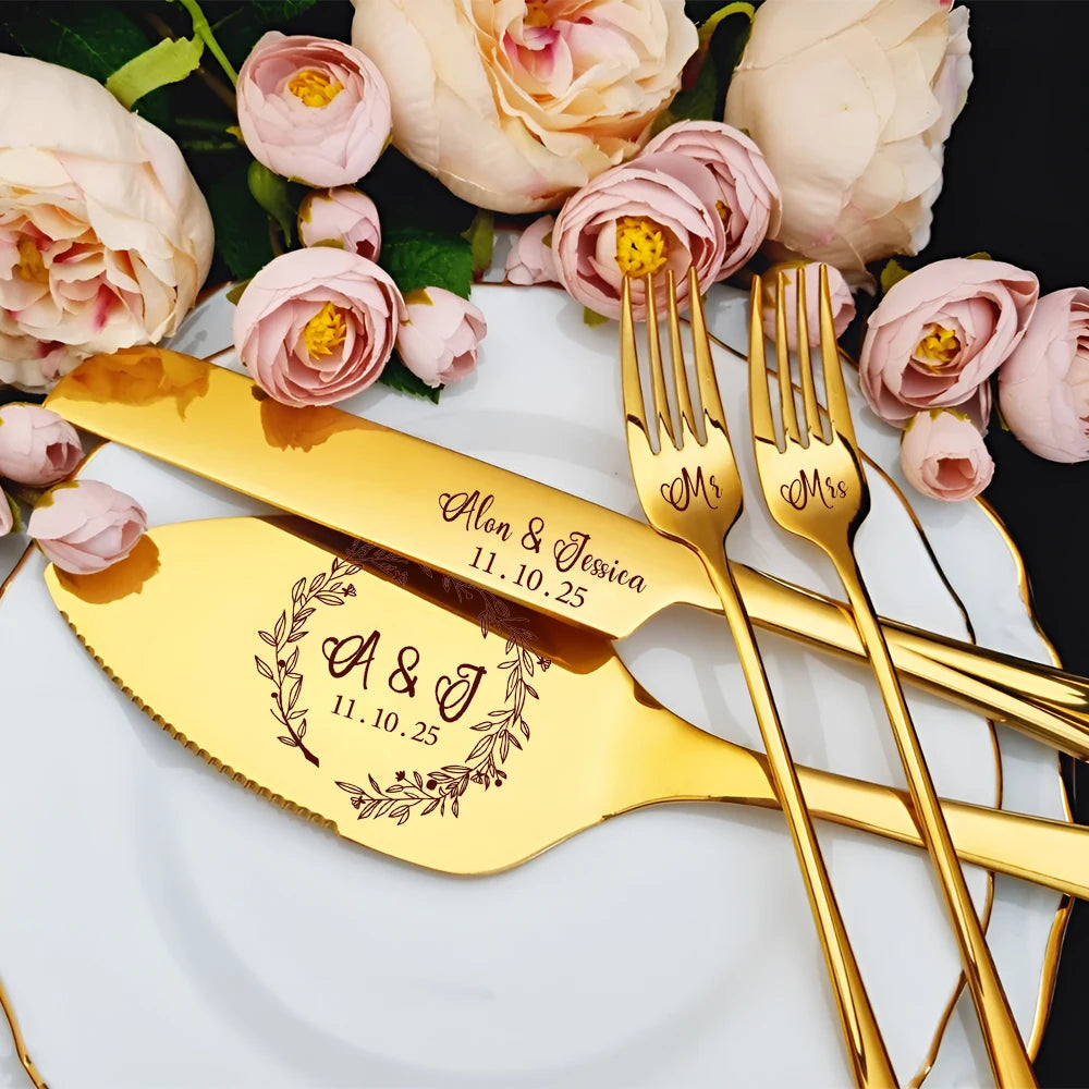 Elegant Personalized Wedding Cake Cutting Set with Engraved Knife and Forks