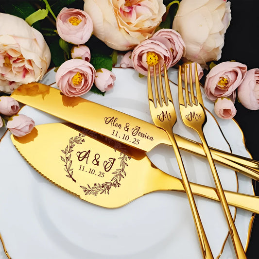 Elegant Personalized Wedding Cake Cutting Set with Engraved Knife and Forks