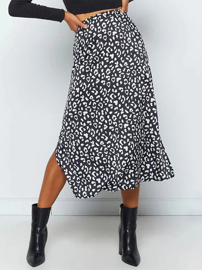 Leopard Print Chiffon Split Maxi Skirt Women Zip Elegant