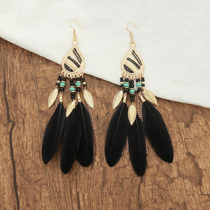 Bohemian Long Feather Drop Earrings with Tassel Beads and Enamel Flowers for Women
