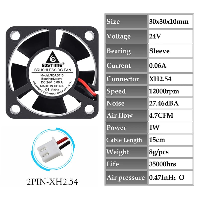 2 Pcs Gdstime DC 24V Fan 30MMx10MM Dual Ball Bearing Cooling Fan 24V Sleeve 2PIN