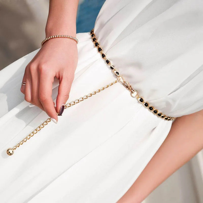 Women Pearl Thin Metal Waist Chain Belt Versatile Fashion