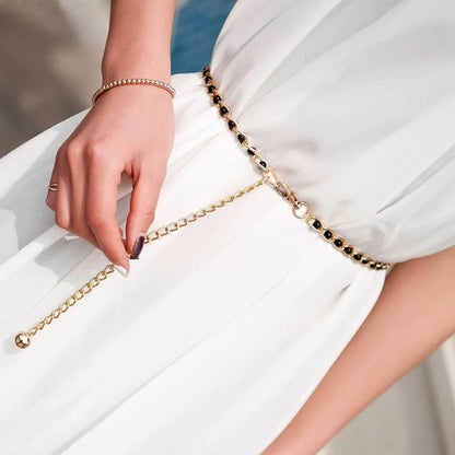 Women Pearl Thin Metal Waist Chain Belt Versatile Fashion