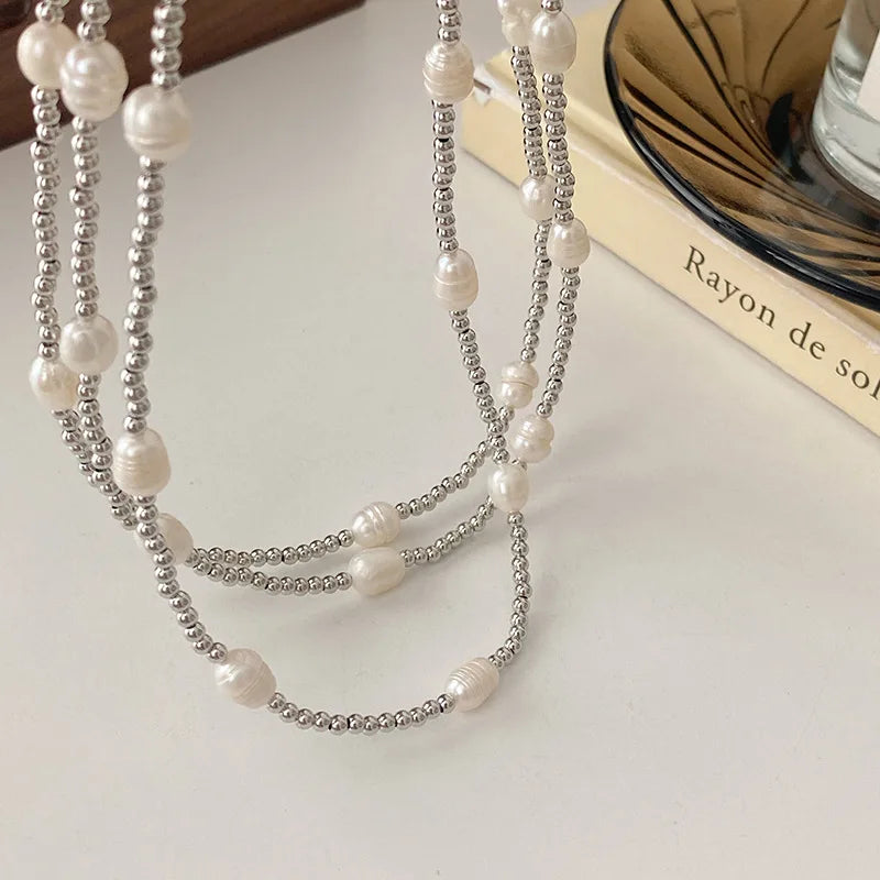 100 Percent Natural Baroque Freshwater Pearl Trendy Stainless Steel Three Layer Chains Necklace for Women Gifts